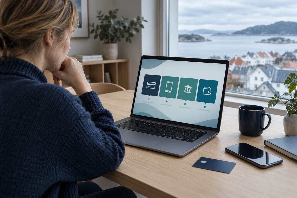 En person ser på betalingsvalg på en bærbar PC, med mobil og bankkort på bordet foran et norsk kystlandskap