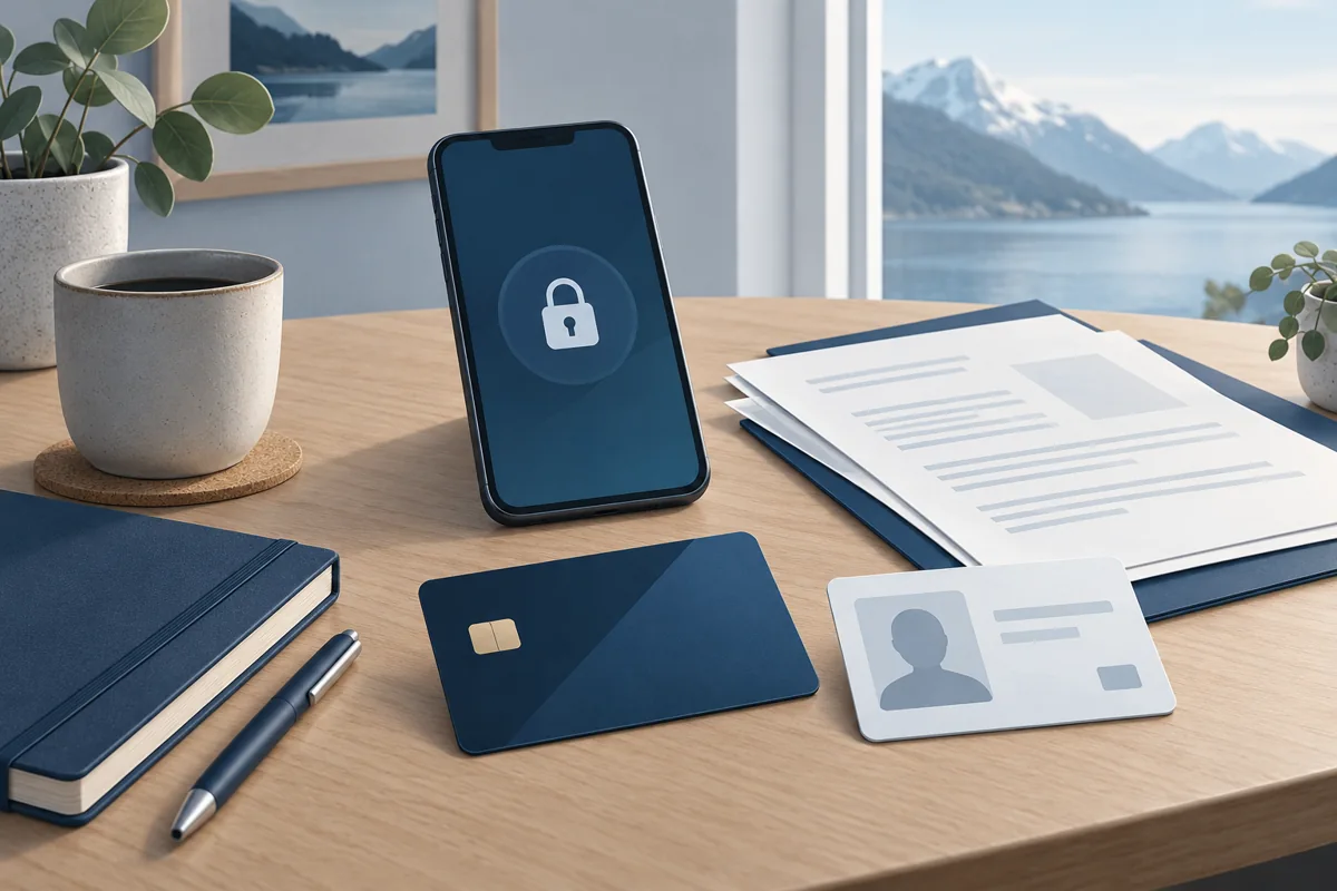 Mobil, dokumenter og kort som illustrerer identitetskontroll og betaling