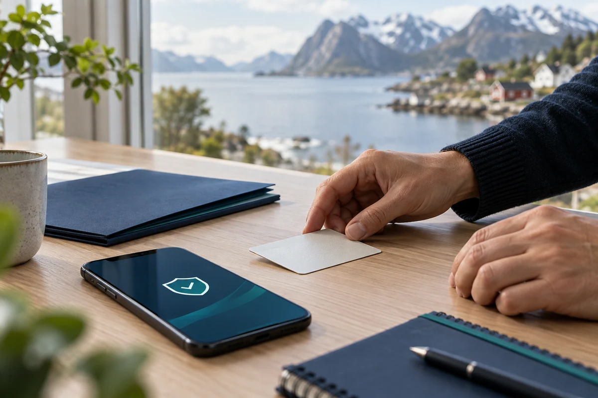 Hender ved en mobiltelefon med et skjoldsymbol og nøytrale dokumenter på et skrivebord