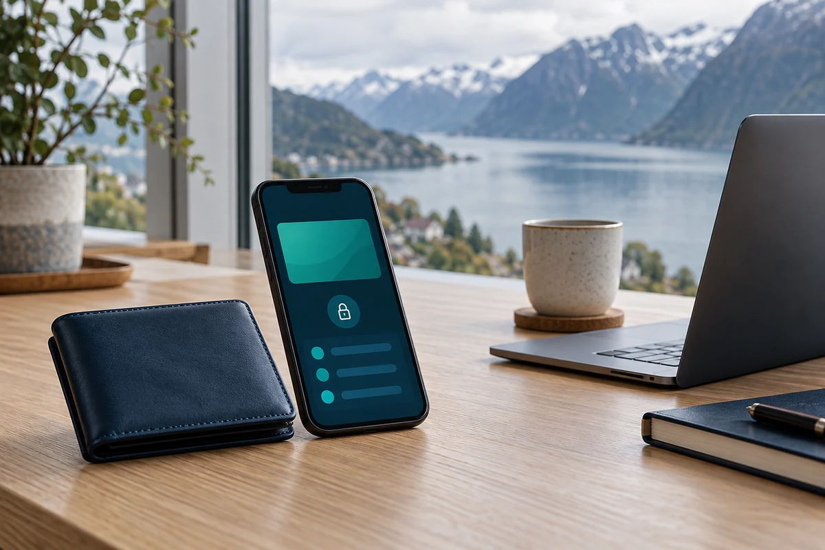 Mobil med en nøytral betalingsvisning ved en lommebok og bærbar PC foran et norsk fjordlandskap