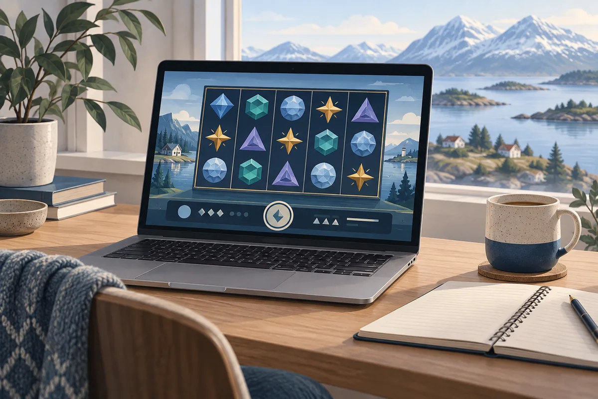 En bærbar PC med et hjulspill på et skrivebord ved et norsk fjordlandskap